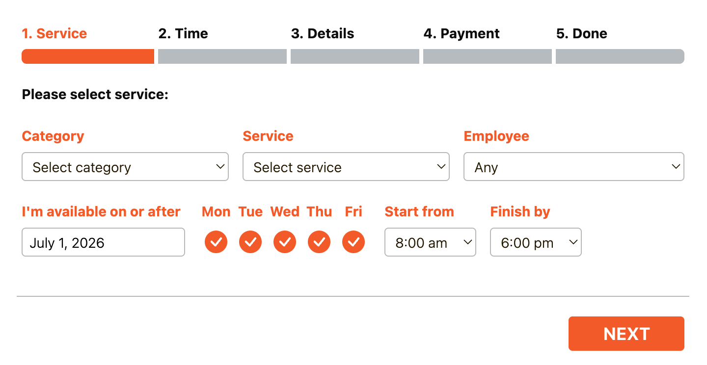The Bookly booking form: service, time, details, payment steps